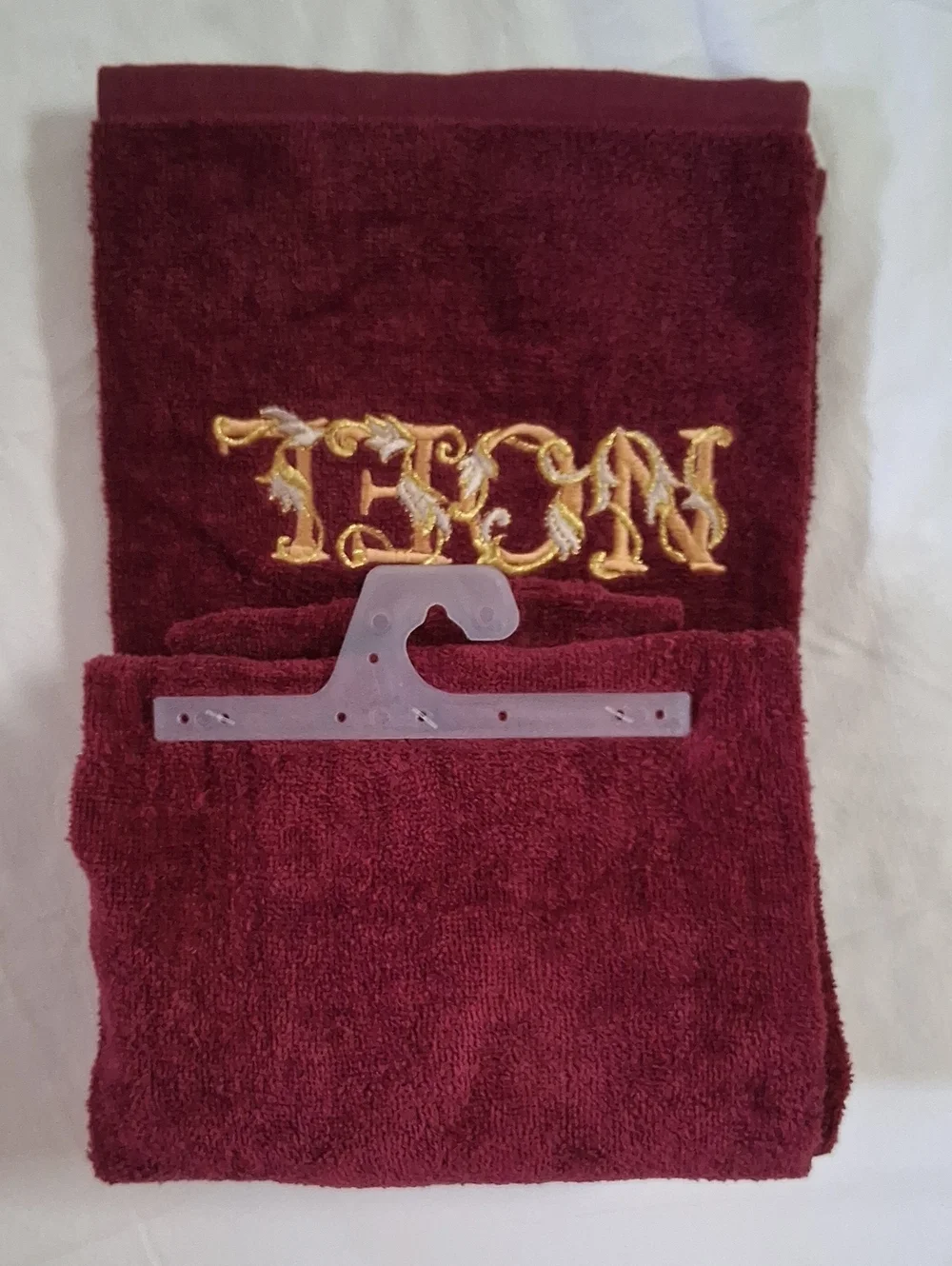 Christmas NOEL 3 Pc Burgundy Towel & Washcloth Set - Gold/Silver Embroidered NEW